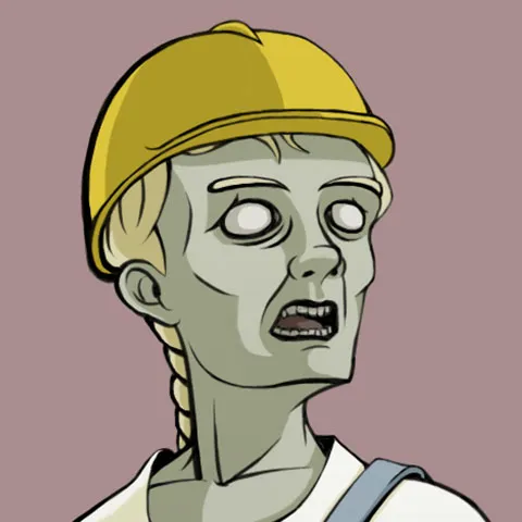 Ilustración que muestra el rostro de un zombie con casco de albañil.